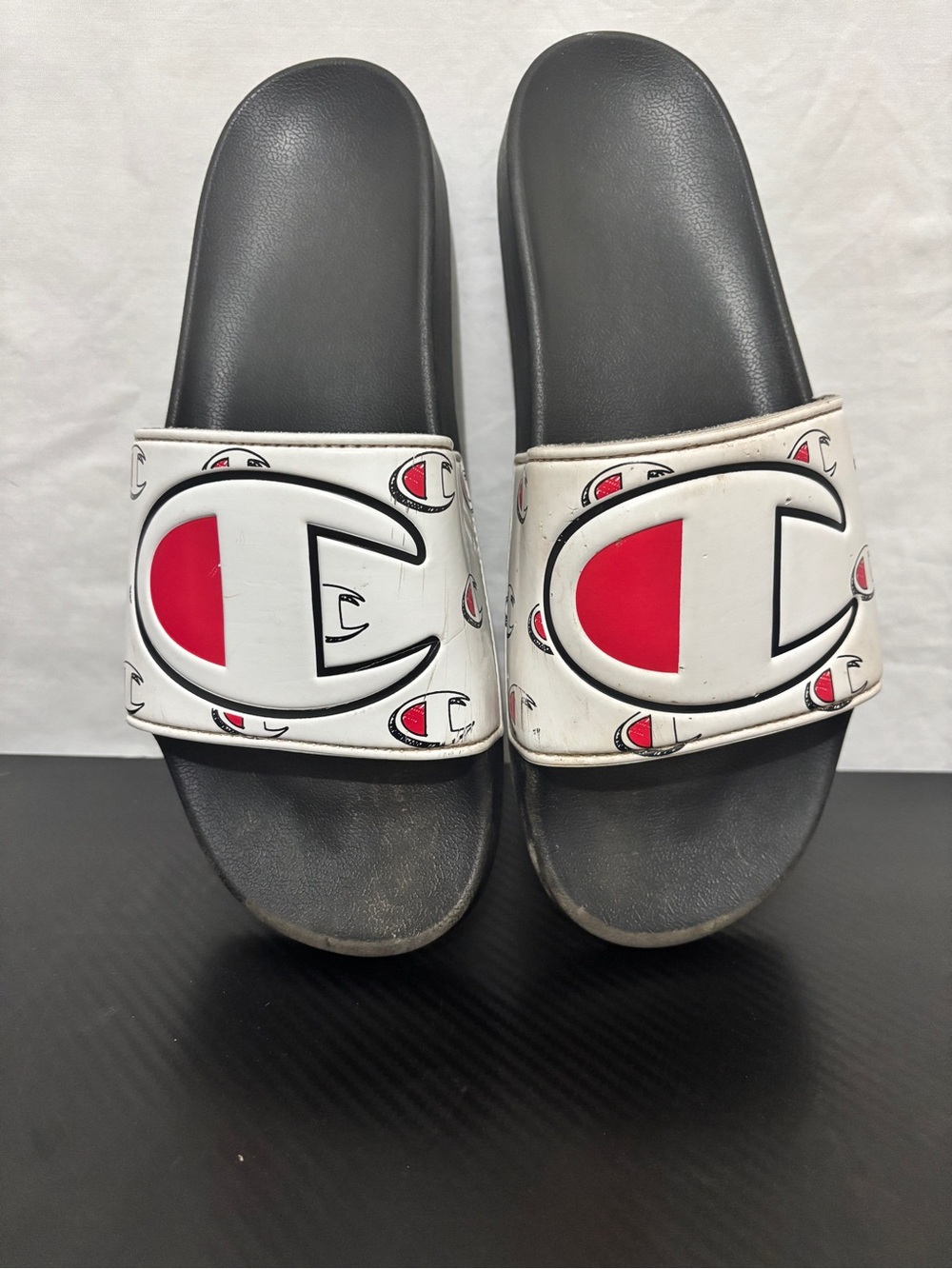 Champion Slide Sandals with Red Logo Accent